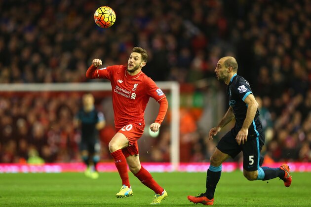 LIVERPOOL, ENGLAND - MARCH 02: Adam Lallana of Liverpool and Pablo Zabaleta of Manchester City in action during the Barclays Premier League match between Liverpool and Manchester City at Anfield on March 2, 2016 in Liverpool, England.  (Photo by Clive Brunskill/Getty Images)