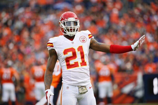 Kansas City Chiefs cornerback Sean Smith signals teammates during an NFL football game between the Denver Broncos and the Kansas City Chiefs, Sunday, Nov. 15, 2015, in Denver. (AP Photo/Jack Dempsey)