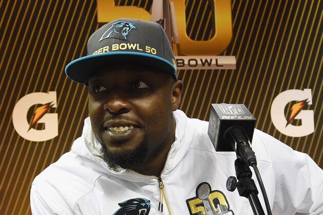 SAN JOSE, CA - FEBRUARY 01: Charles Johnson #95 of the Carolina Panthers addresses the media at Super Bowl Opening Night Fueled by Gatorade at SAP Center on February 1, 2016 in San Jose, California. (Photo by Thearon W. Henderson/Getty Images) SAN JOSE, CA - FEBRUARY 01: Charles Johnson #95 of the Carolina Panthers addresses the media at Super Bowl Opening Night Fueled by Gatorade at SAP Center on February 1, 2016 in San Jose, California. (Photo by Thearon W. Henderson/Getty Images)