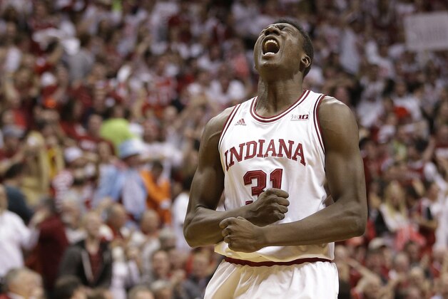 Indiana's Thomas Bryant celebrates during the first half of the team's NCAA college basketball game against Iowa, Thursday, Feb. 11, 2016, in Bloomington, Ind. (AP Photo/Darron Cummings)