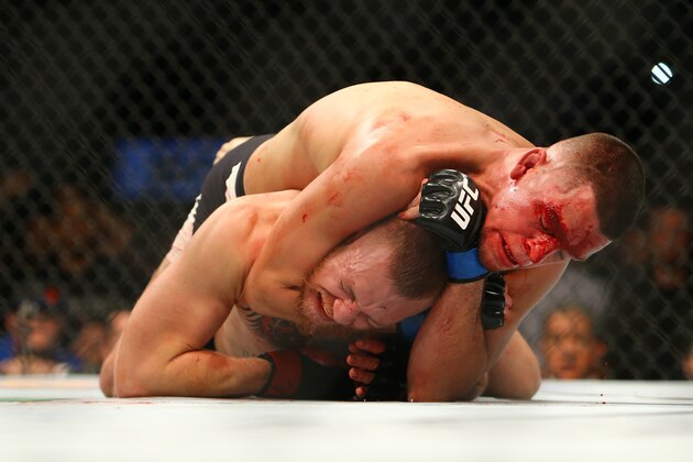 LAS VEGAS, NV - MARCH 5:  Nate Diaz applies a choke hold to win by submission against Conor McGregor during UFC 196 at the MGM Grand Garden Arena on March 5, 2016 in Las Vegas, Nevada. (Photo by Rey Del Rio/Getty Images)