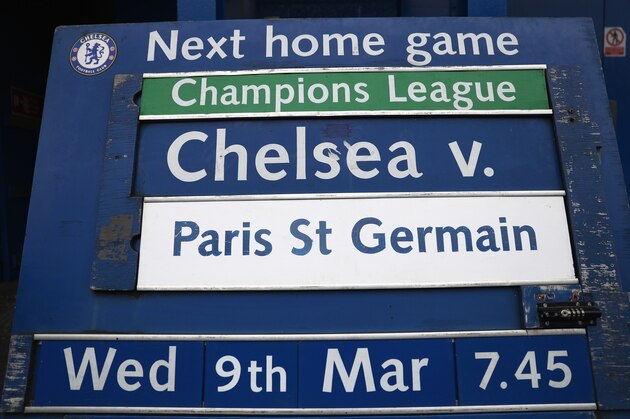 LONDON, ENGLAND - MARCH 05: Chelsea's next home fixture against Paris Saint-Germain is displayed prior to the Barclays Premier League match between Chelsea and Stoke City at Stamford Bridge on March 5, 2016 in London, England.  (Photo by Clive Mason/Getty Images)