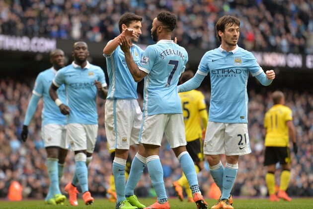 Manchester City's English midfielder Raheem Sterling (2R) celebrates scoring his team's fourth goal during the English Premier League football match between Manchester City and Aston Villa at the Etihad Stadium in Manchester, north west England, on March 5, 2016. / AFP / PAUL ELLIS / RESTRICTED TO EDITORIAL USE. No use with unauthorized audio, video, data, fixture lists, club/league logos or 'live' services. Online in-match use limited to 75 images, no video emulation. No use in betting, games or single club/league/player publications.  /         (Photo credit should read PAUL ELLIS/AFP/Getty Images)