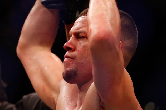 LAS VEGAS, NV - MARCH 05:  Nate Diaz reacts to his victory over Conor McGregor of Ireland in their welterweight bout during the UFC 196 event inside MGM Grand Garden Arena on March 5, 2016 in Las Vegas, Nevada.  (Photo by Christian Petersen/Zuffa LLC/Zuffa LLC via Getty Images)