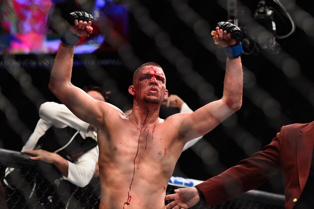 LAS VEGAS, NV - MARCH 05:  Nate Diaz reacts to his victory over Conor McGregor of Ireland during the UFC 196 event inside MGM Grand Garden Arena on March 5, 2016 in Las Vegas, Nevada.  (Photo by Jeff Bottari/Zuffa LLC/Zuffa LLC via Getty Images)