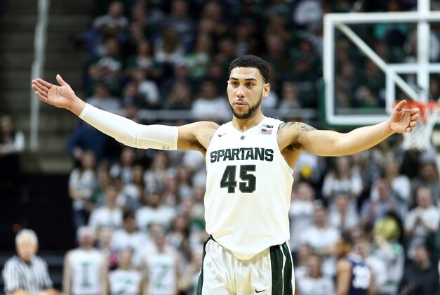 Feb 28, 2016; East Lansing, MI, USA; Michigan State Spartans guard Denzel Valentine (45) gestures to the crowd during the first half of a game against the Penn State Nittany Lions at Jack Breslin Student Events Center. Mandatory Credit: Mike Carter-USA TODAY Sports