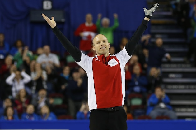 CALGARY, AB - MARCH 8: Team Canada skip Pat Simmons celebrates after defeating Northern Ontario in the gold medal game in curling during the Tim Horton's Brier at the Scotiabank Saddledome on March 8, 2015 in Calgary, Alberta, Canada. (Photo by Todd Korol/Getty Images)
