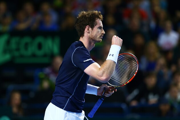 BIRMINGHAM, ENGLAND - MARCH 06:  Andy Murray of Great Britain celebrates a point during the singles match against Kei Nishikori of Japan on day three of the Davis Cup World Group first round tie at the Barclaycard Arena on March 6, 2016 in Birmingham, England.  (Photo by Jordan Mansfield/Getty Images for LTA)