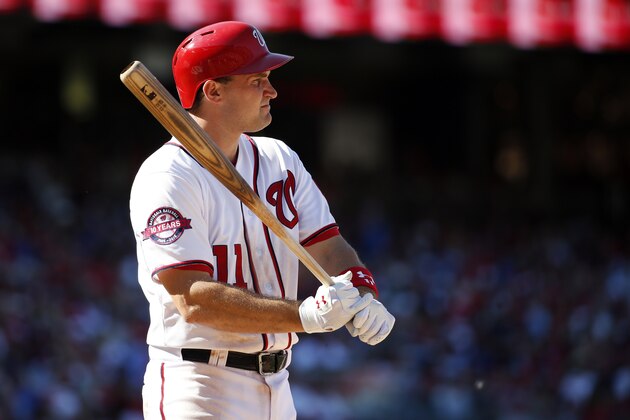 Washington Nationals first baseman Ryan Zimmerman (11) bats during a baseball game against the New York Mets at Nationals Park, Monday, Sept. 7, 2015, in Washington. The Mets won 8-5. (AP Photo/Alex Brandon)