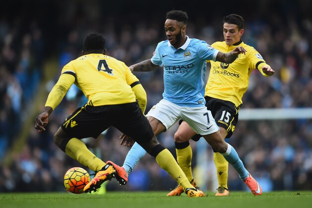 MANCHESTER, ENGLAND - MARCH 05: Raheem Sterling (C) of Manchester City competes for the ball against Micah Richards (L) and Ashley Westwood (R) of Aston Villa during the Barclays Premier League match between Manchester City and Aston Villa at Etihad Stadium on March 5, 2016 in Manchester, England. (Photo by Laurence Griffiths/Getty Images) MANCHESTER, ENGLAND - MARCH 05: Raheem Sterling (C) of Manchester City competes for the ball against Micah Richards (L) and Ashley Westwood (R) of Aston Villa during the Barclays Premier League match between Manchester City and Aston Villa at Etihad Stadium on March 5, 2016 in Manchester, England. (Photo by Laurence Griffiths/Getty Images)