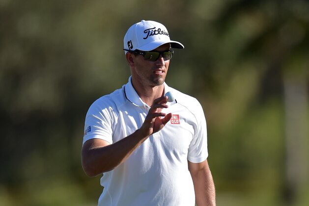 DORAL, FL - MARCH 06:  Adam Scott of Australia reacts to his putt on the 12th hole during the final round of the World Golf Championships-Cadillac Championship at Trump National Doral Blue Monster Course  on March 6, 2016 in Doral, Florida.  (Photo by Drew Hallowell/Getty Images)