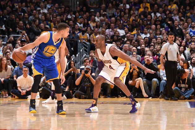 LOS ANGELES, CA - MARCH 6:  Stephen Curry #30 of the Golden State Warriors handles the ball against Kobe Bryant #24 of the Los Angeles Lakers on March 6, 2016 at STAPLES Center in Los Angeles, California. NOTE TO USER: User expressly acknowledges and agrees that, by downloading and/or using this Photograph, user is consenting to the terms and conditions of the Getty Images License Agreement. Mandatory Copyright Notice: Copyright 2016 NBAE (Photo by Andrew D. Bernstein/NBAE via Getty Images)