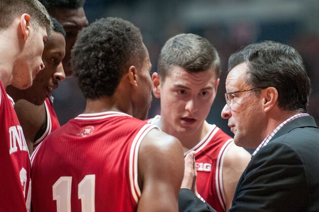 Indiana coach Tom Crean gathers his players during a timeout during the second half of an NCAA college basketball game against Illinois in Champaign, Ill., on Thursday, Feb. 25, 2016. Indiana defeated Illinois 74-47. (AP Photo/Heather Coit)