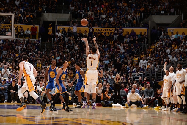 LOS ANGELES, CA - MARCH 6:  D'Angelo Russell #1 of the Los Angeles Lakers shoots the ball against the Golden State Warriors on March 6, 2016 at STAPLES Center in Los Angeles, California. NOTE TO USER: User expressly acknowledges and agrees that, by downloading and/or using this Photograph, user is consenting to the terms and conditions of the Getty Images License Agreement. Mandatory Copyright Notice: Copyright 2016 NBAE (Photo by Noah Graham/NBAE via Getty Images)