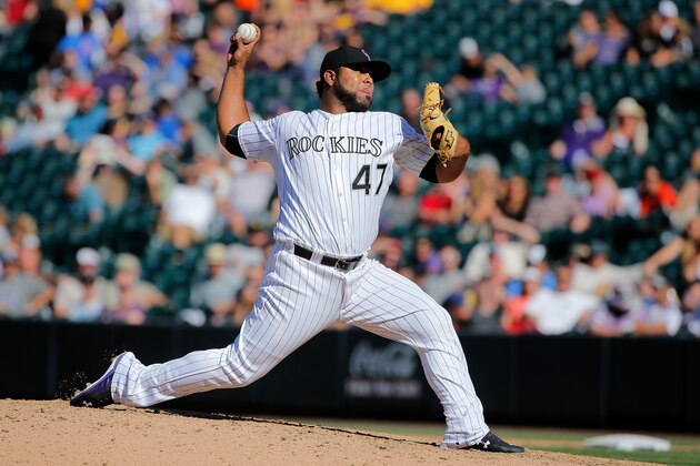 DENVER, CO - SEPTEMBER 24:  Relief pitcher Jairo Diaz #47 of the Colorado Rockies delivers against the Pittsburgh Pirates as he collected the loss in the Rockies 5-4 defeat at Coors Field on September 24, 2015 in Denver, Colorado.  (Photo by Doug Pensinger/Getty Images)