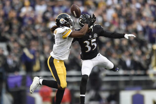 Baltimore Ravens defensive back Shareece Wright (35) breaks up a pass intended for Pittsburgh Steelers wide receiver Markus Wheaton (11) during the second half of an NFL football game in Baltimore, Sunday, Dec. 27, 2015. The Ravens defeated the Steelers 20-17. (AP Photo/Gail Burton)