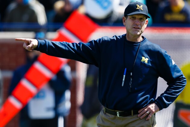 Apr 4, 2015; Ann Arbor, MI, USA; Michigan Wolverines head coach Jim Harbaugh is seen during the Spring football game at Michigan Stadium. Mandatory Credit: Rick Osentoski-USA TODAY Sports
