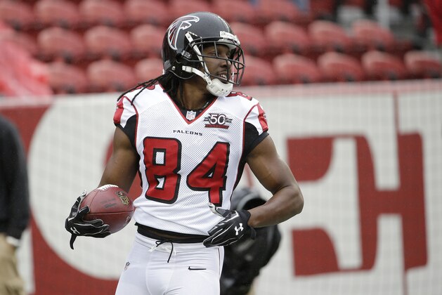 Atlanta Falcons wide receiver Roddy White (84) warms up before an NFL football game against the San Francisco 49ers in Santa Clara, Calif., Sunday, Nov. 8, 2015. (AP Photo/Marcio Jose Sanchez)