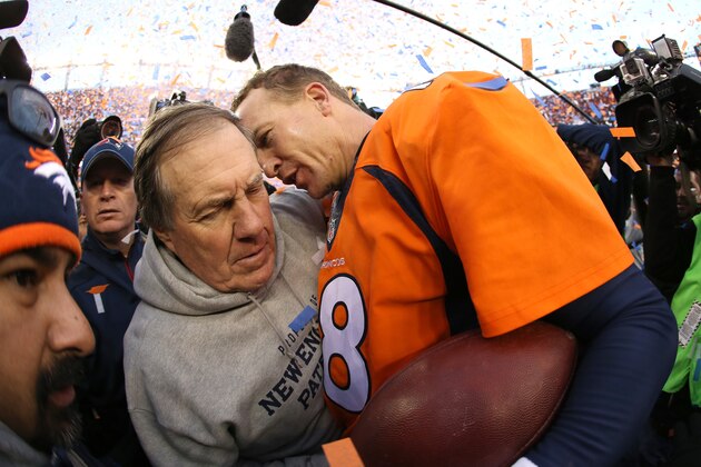 DENVER, CO - JANUARY 24:  Peyton Manning #18 of the Denver Broncos and head coach Bill Belichick of the New England Patriots speak after the AFC Championship game at Sports Authority Field at Mile High on January 24, 2016 in Denver, Colorado. The Broncos defeated the Patriots 20-18.  (Photo by Doug Pensinger/Getty Images)