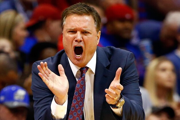 LAWRENCE, KS - FEBRUARY 15:  Head coach Bill Self of the Kansas Jayhawks reacts on the bench during the game against the Oklahoma State Cowboys at Allen Fieldhouse on February 15, 2016 in Lawrence, Kansas.  (Photo by Jamie Squire/Getty Images)