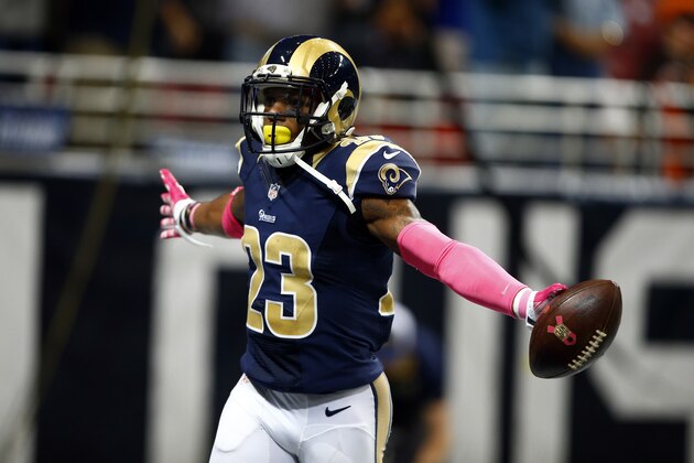 St. Louis Rams free safety Rodney McLeod celebrates after recovering a fumble and running it back for a touchdown during the first quarter of an NFL football game against the Cleveland Browns, Sunday, Oct. 25, 2015, in St. Louis. (AP Photo/Billy Hurst) St. Louis Rams free safety Rodney McLeod celebrates after recovering a fumble and running it back for a touchdown during the first quarter of an NFL football game against the Cleveland Browns, Sunday, Oct. 25, 2015, in St. Louis. (AP Photo/Billy Hurst)