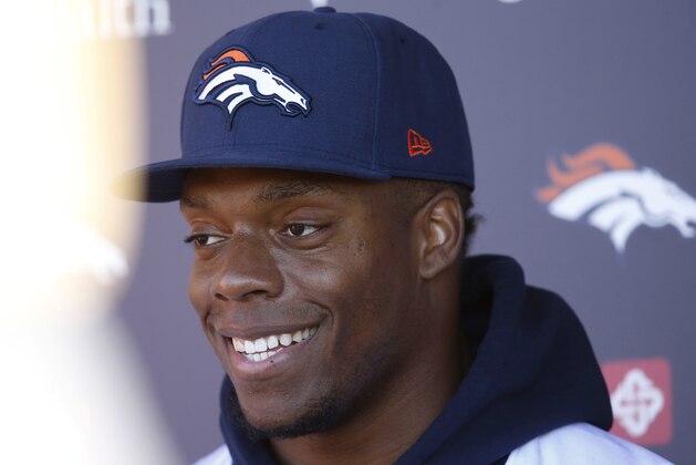 Denver Broncos inside linebacker Brandon Marshall jokes with reporters during a news conference following the NFL football team's practice Friday, Jan. 22, 2016, in Englewood, Colo. The Broncos are scheduled to host the New England Patriots in the AFC championship game Sunday in Denver. (AP Photo/David Zalubowski)