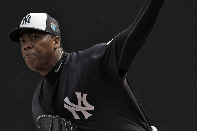 New York Yankees relief pitcher Aroldis Chapman throws in the bullpen before a spring training baseball game Thursday, March 3, 2016, in Tampa, Fla. (AP Photo/Chris O'Meara) New York Yankees relief pitcher Aroldis Chapman throws in the bullpen before a spring training baseball game Thursday, March 3, 2016, in Tampa, Fla. (AP Photo/Chris O'Meara)