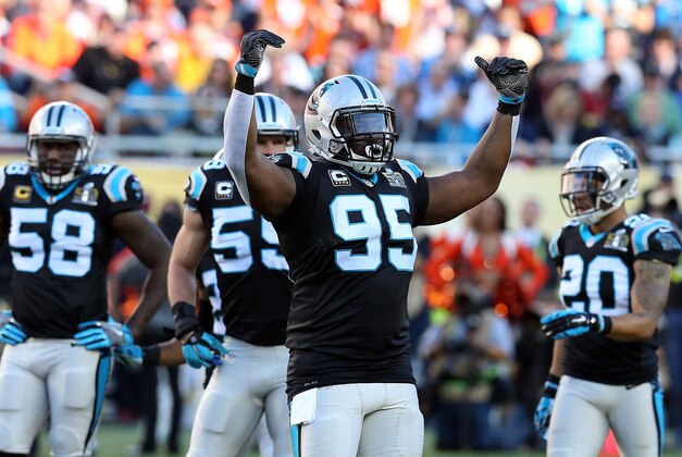 Feb 7, 2016; Santa Clara, CA, USA; Carolina Panthers defensive end Charles Johnson (95) reacts during the first quarter against the Denver Broncos in Super Bowl 50 at Levi's Stadium. Mandatory Credit: Matthew Emmons-USA TODAY Sports