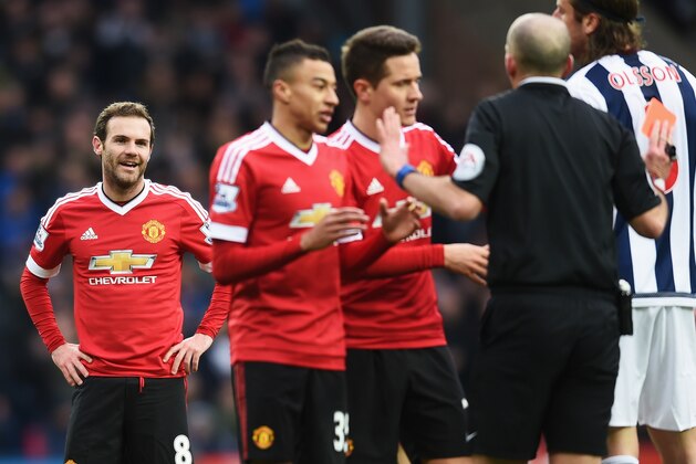 WEST BROMWICH, ENGLAND - MARCH 06:  Juan Mata of Manchester United reacts after being sent off by referee Mike Dean during the Barclays Premier League match between West Bromwich Albion and Manchester United at The Hawthorns on March 6, 2016 in West Bromwich, England.  (Photo by Michael Regan/Getty Images)