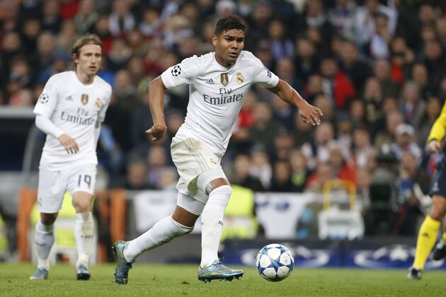 MADRID, SPAIN - NOVEMBER 3: Casemiro of Real Madrid in action during the UEFA Champions League match between Real Madrid and Paris Saint-Germain (PSG) at Santiago Bernabeu stadium on November 3, 2015 in Madrid, Spain. (Photo by Jean Catuffe/Getty Images)