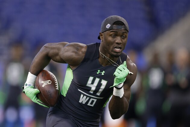 Mississippi receiver Laquon Treadwell runs a drill at the NFL football scouting combine on Saturday, Feb. 27, 2016, in Indianapolis. (AP Photo/Darron Cummings)