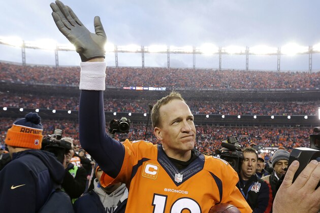 FILE - In this Jan. 24, 2016, file photo, Denver Broncos quarterback Peyton Manning waves to spectators following the AFC Championship game between the Denver Broncos and the New England Patriots, in Denver. A person with knowledge of the decision tells The Associated Press on Sunday, March 6, that Manning has informed the Denver Broncos he's going to retire. (AP Photo/Chris Carlson, File)