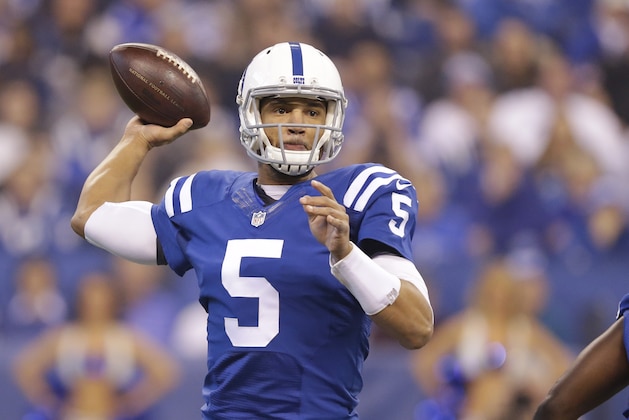 Indianapolis Colts quarterback Josh Freeman (5) looks to throw against the Tennessee Titans during the first half of an NFL football game in Indianapolis, Sunday, Jan. 3, 2016. (AP Photo/Michael Conroy)
