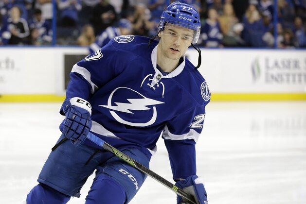 Tampa Bay Lightning left wing Jonathan Drouin before an NHL hockey game against the New York Rangers Wednesday, Dec. 30, 2015, in Tampa, Fla. (AP Photo/Chris O'Meara)