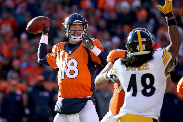 DENVER, CO - JANUARY 17:  Peyton Manning #18 of the Denver Broncos throws a pass in the first quarter against the Pittsburgh Steelers during the AFC Divisional Playoff Game at Sports Authority Field at Mile High on January 17, 2016 in Denver, Colorado.  (Photo by Doug Pensinger/Getty Images)