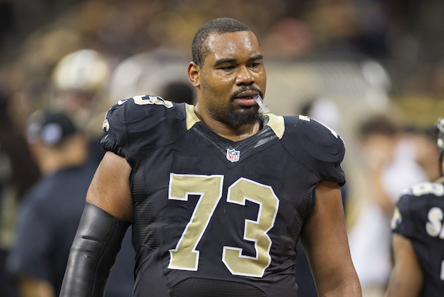 NEW ORLEANS, LA - NOVEMBER 24:  Jahri Evans #73 of the New Orleans Saints on the sidelines during a game against the Baltimore Ravens at Mercedes-Benz Superdome on November 24, 2014 in New Orleans, Louisiana.  The Ravens defeated the Saints 34-27.  (Photo by Wesley Hitt/Getty Images)
