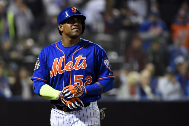 Nov 1, 2015; New York City, NY, USA; New York Mets center fielder Yoenis Cespedes (52) reacts after popping out in the 6th inning against the Kansas City Royals in game five of the World Series at Citi Field. Mandatory Credit: Robert Deutsch-USA TODAY Sports