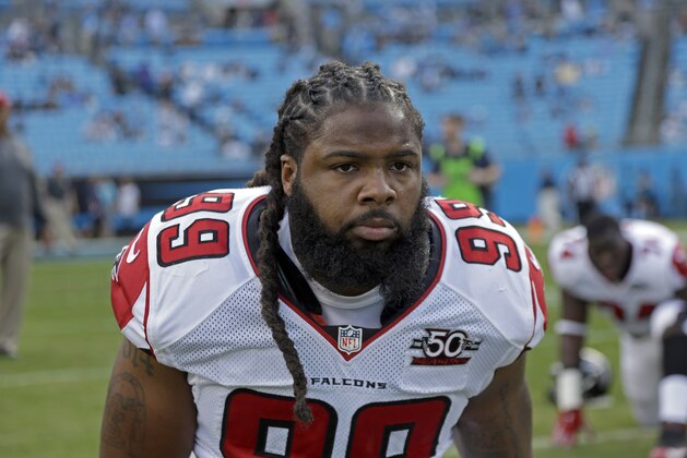 Atlanta Falcons' Adrian Clayborn (99)  before an NFL football game against the Carolina Panthers in Charlotte, N.C., Sunday, Dec. 13, 2015. The Panthers won 38-0. (AP Photo/Bob Leverone)