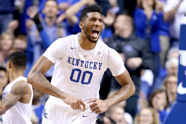 LEXINGTON, KY - MARCH 05:  Marcus Lee #00 of the Kentucky Wildcats celebrates in the game against the LSU Tigers at Rupp Arena on March 5, 2016 in Lexington, Kentucky.  (Photo by Andy Lyons/Getty Images)