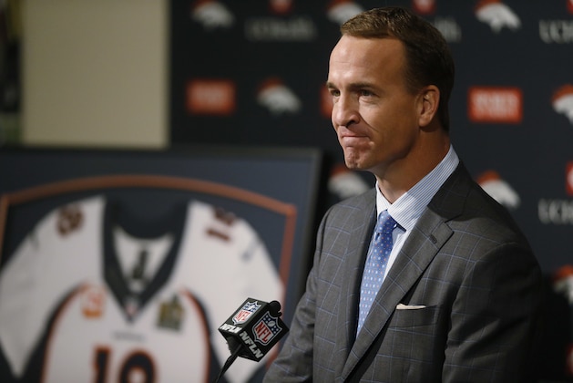 Denver Broncos quarterback Peyton Manning pauses during his retirement announcement at team headquarters Monday, March 7, 2016, in Englewood, Colo. Manning, who has been in the NFL for the past 18 years, is retiring after winning five MVP trophies and two Super Bowl championships, the most recent last month against the Carolina Panthers. (AP Photo/David Zalubowski)