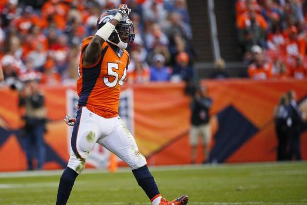 FILE - In this Nov. 15, 2015, file photo, Denver Broncos inside linebacker Brandon Marshall celebrates a stop during the Broncos' NFL football game against the Kansas City Chiefs in Denver. Marshall had screws removed from his right foot on Friday, Feb. 19, 2016, but said doctors decided to leave in half of a screw that had broken during the preseason The Broncos' second-leading tackler played all season after one of the two screws broke in half, something he at first feared would send him to the sideline in September. The pain subsided, however, and Marshall went on to post his second consecutive 100-tackle season. (AP Photo/Jack Dempsey, File)