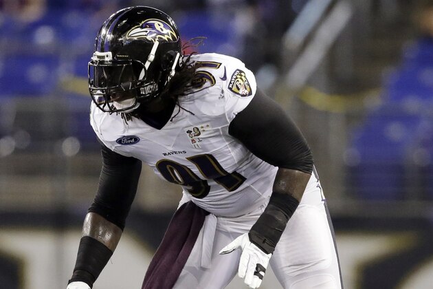 Baltimore Ravens outside linebacker Courtney Upshaw runs during NFL football training camp, Monday, Aug. 3, 2015, in Baltimore. (AP Photo/Patrick Semansky)