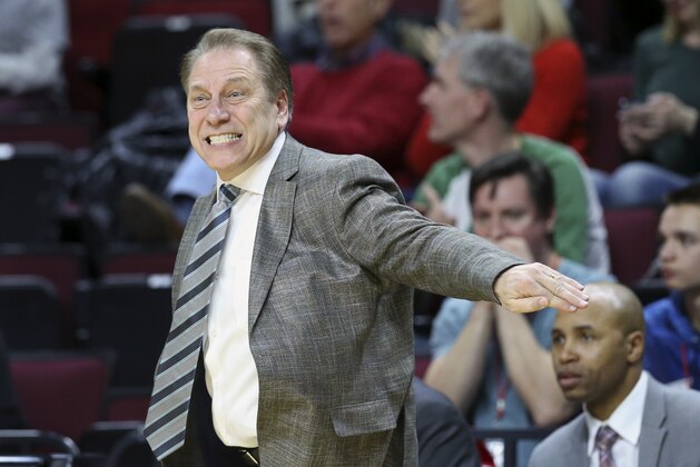 Michigan State coach Tom Izzo reacts to play during the first half of an NCAA college basketball game against Rutgers Wednesday, March 2, 2016, in Piscataway, N.J. Michigan State won 97-66. (AP Photo/Mel Evans)