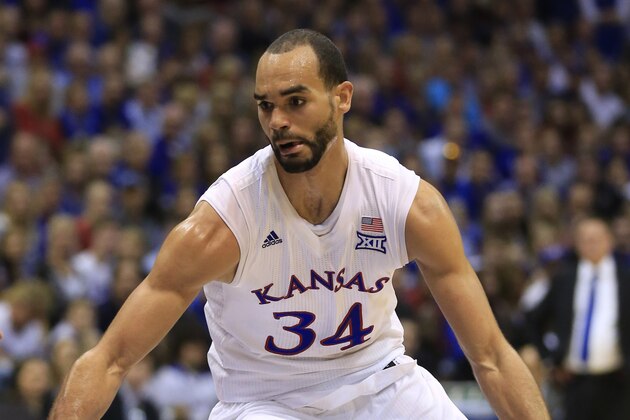 Kansas forward Perry Ellis (34) during the first half of an NCAA college basketball game against Iowa State in Lawrence, Kan., Saturday, March 5, 2016. (AP Photo/Orlin Wagner)