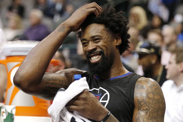 Los Angeles Clippers forward DeAndre Jordan (6) looks on from the bench as the Clippers take a 29 point lead during the second half of an NBA basketball game against the Dallas Mavericks Monday, March 7, 2016, in Dallas. (AP Photo/Brandon Wade)