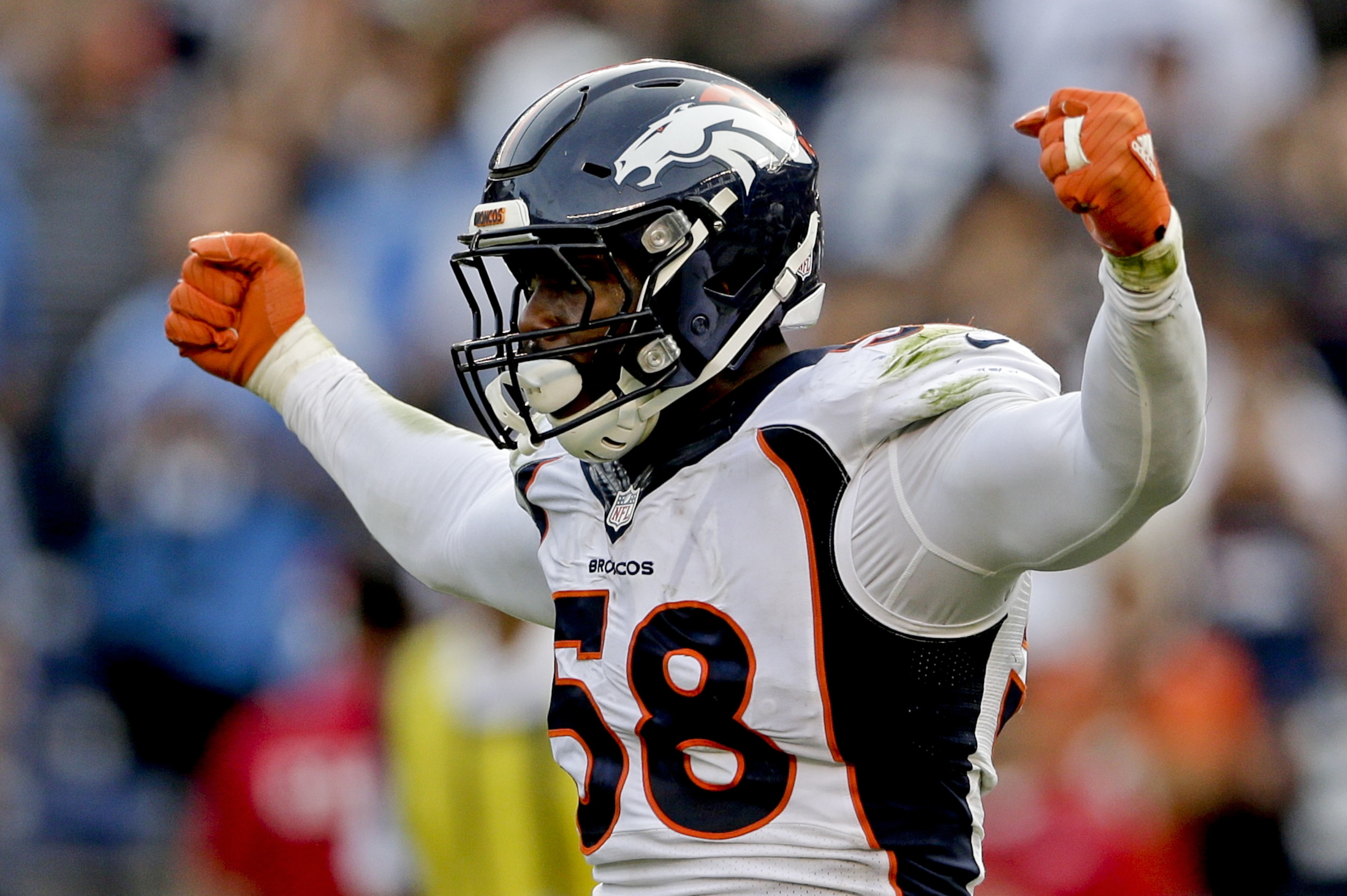 Denver Broncos outside linebacker Von Miller celebrates a sack against the San Diego Chargers during the second half in an NFL football game Sunday, Dec. 6, 2015, in San Diego. (AP Photo/Gregory Bull)