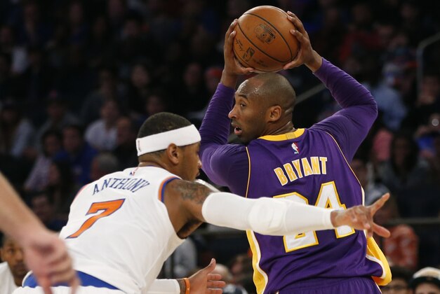 Los Angeles Lakers forward Kobe Bryant (24) looks over his shoulder as he is guarded by New York Knicks' Carmelo Anthony (7) in the first half of an NBA basketball game at Madison Square Garden in New York, Sunday, Nov. 8, 2015. (AP Photo/Kathy Willens)
