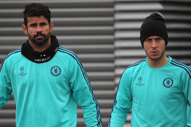 COBHAM, ENGLAND - NOVEMBER 03:  Diego Costa and Eden Hazard arrive for a Chelsea training session, ahead of the UEFA Champions League Group G match between Chelsea and Dynamo Kiev, at Chelsea Training Ground on November 3, 2015 in Cobham, England.  (Photo by Mike Hewitt/Getty Images)