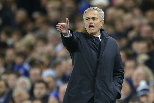 Chelsea manager Jose Mourinho gestures as he stands on the touchline during the Champions League Group G soccer match between Chelsea and Dynamo Kiev at Stamford Bridge Stadium in London,  Wednesday, Nov. 4, 2015. (AP Photo/Matt Dunham)