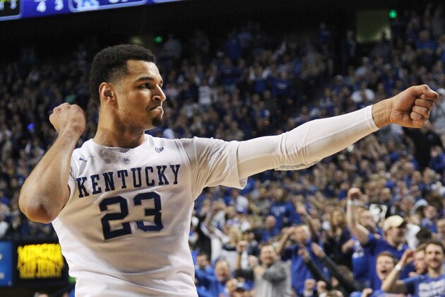 Kentucky's Jamal Murray celebrates a 3-pointer during the second half of an NCAA college basketball game against LSU Saturday, March 5, 2016, in Lexington, Ky. Kentucky won 94-77. (AP Photo/James Crisp)